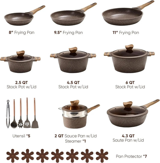 Juego de ollas y sartenes de 26 piezas, batería de cocina antiadherente para inducción, sin PFOA.