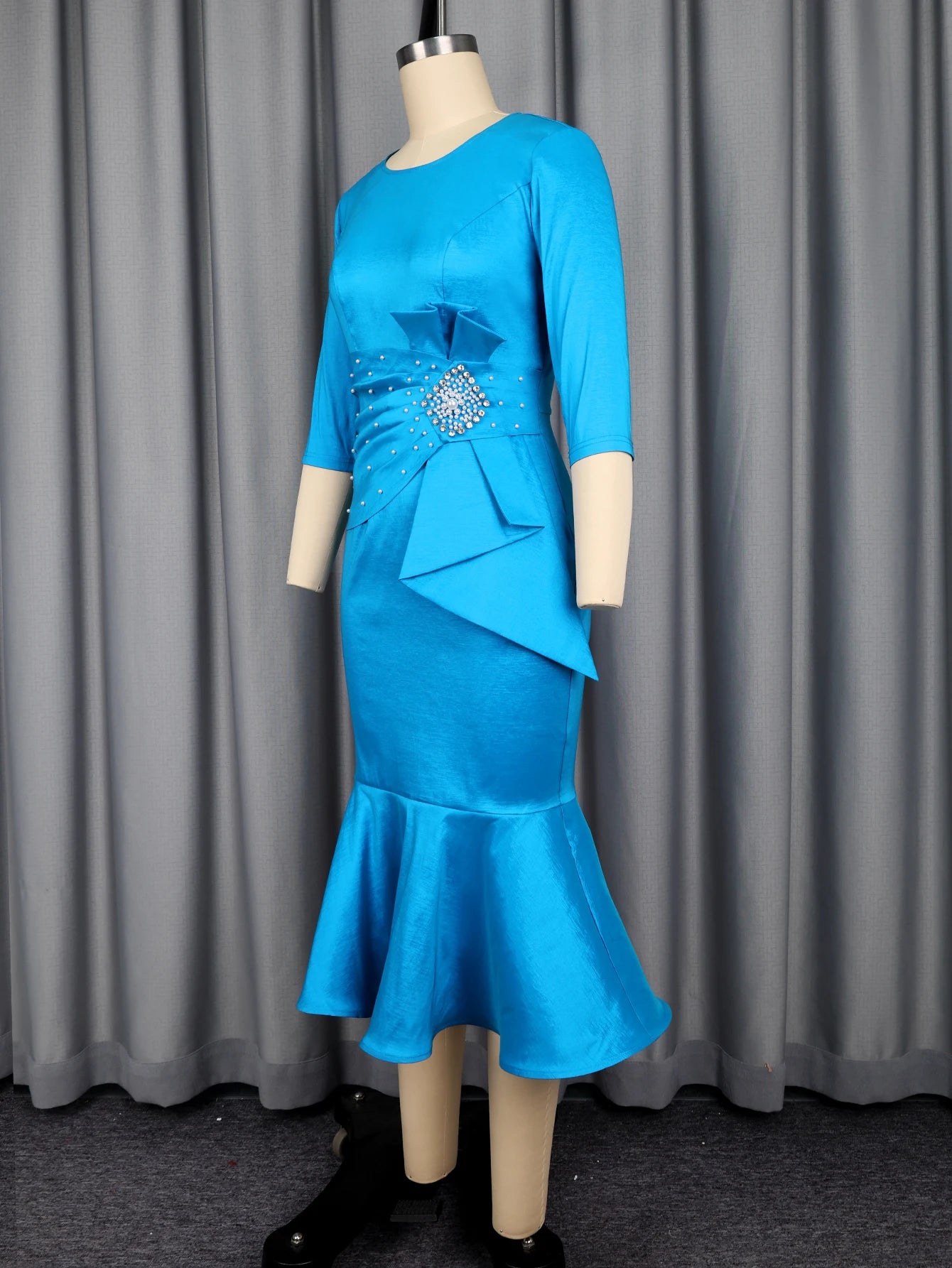 Elegant Satin Mermaid Dress for Women O Neck, Half Sleeve, Peplum Waist ,  Church Formal Events Gowns.