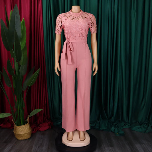 Elegant Jumpsuits & Rompers for Women, O Neck Lace Patchwork Short Sleeve Sashes High Waisted.