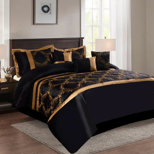 7 Piece Bed in A Bag Comforter Set, Queen Black and Gold Faux Silk Fabric Embroidered, Breathable and Wrinkle Resistant.