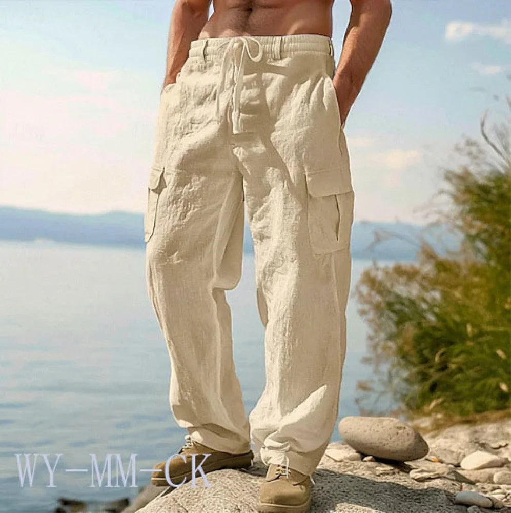 American Men Cotton And Linen Trousers, Multi-pocket Work Pants Loose Sportswear And Casual Trousers.
