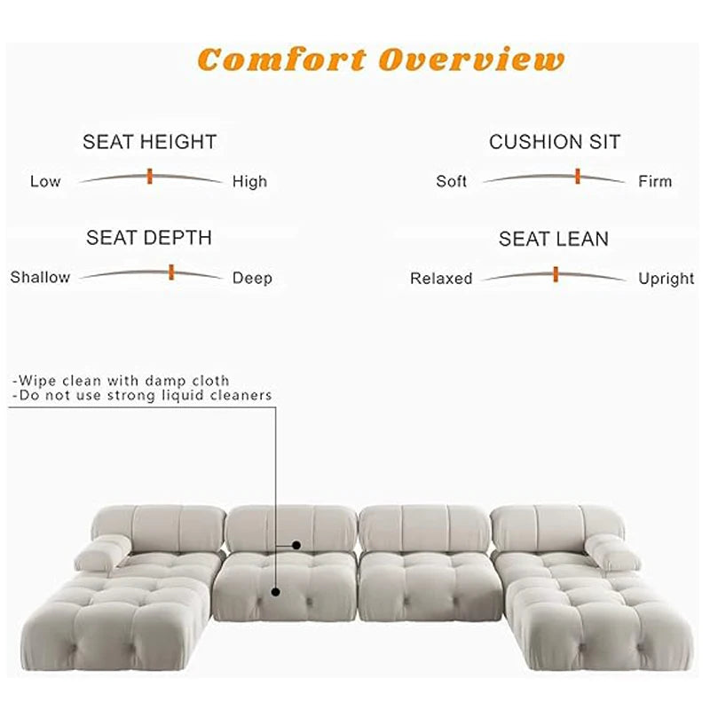 138" Modular Sectional Couch Modern U-Shaped Velvet Sofas for Living Room, Deep 4-Seat Sofas with 2 Ottomans.