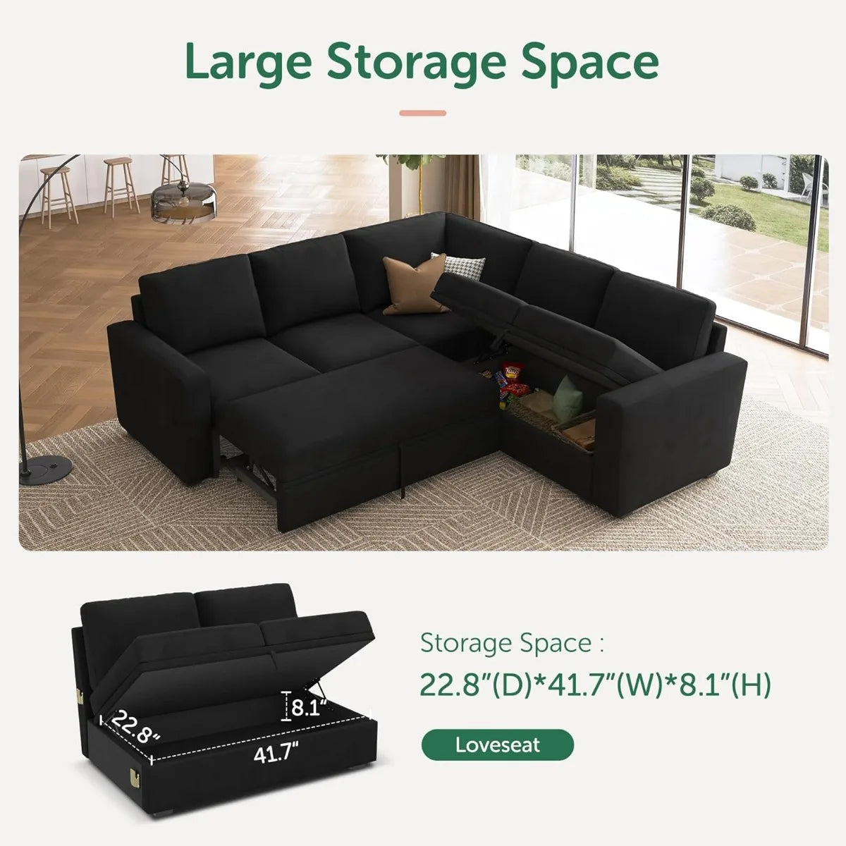 L-Shaped Sleeper Sofa with Pull Out Bed, Velvet Sectional with Storage, Black.