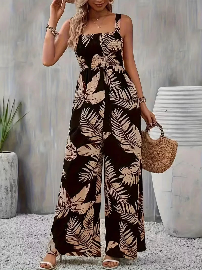 Women's summer elegant back hugging tropical printed overalls.