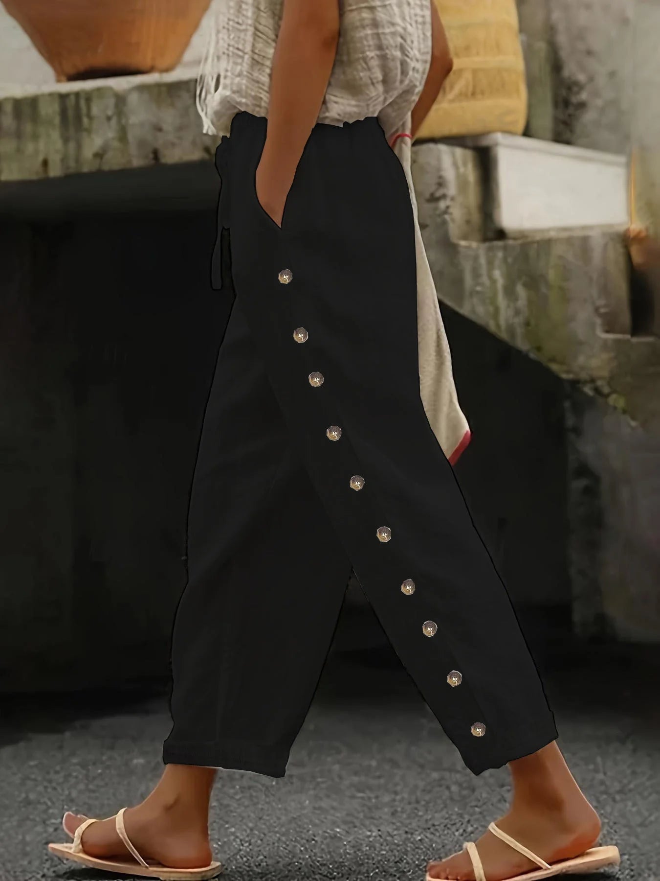 Women's Elastic Waist Pants - Relaxed Fit Casual Trousers, Versatile 3/4 Length Lounge Pants.