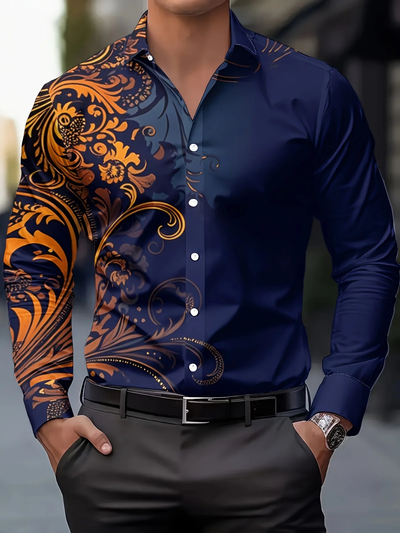 Men Stylish Red Floral Print Dress Shirt - Casual Long Sleeve Button-Up Design.