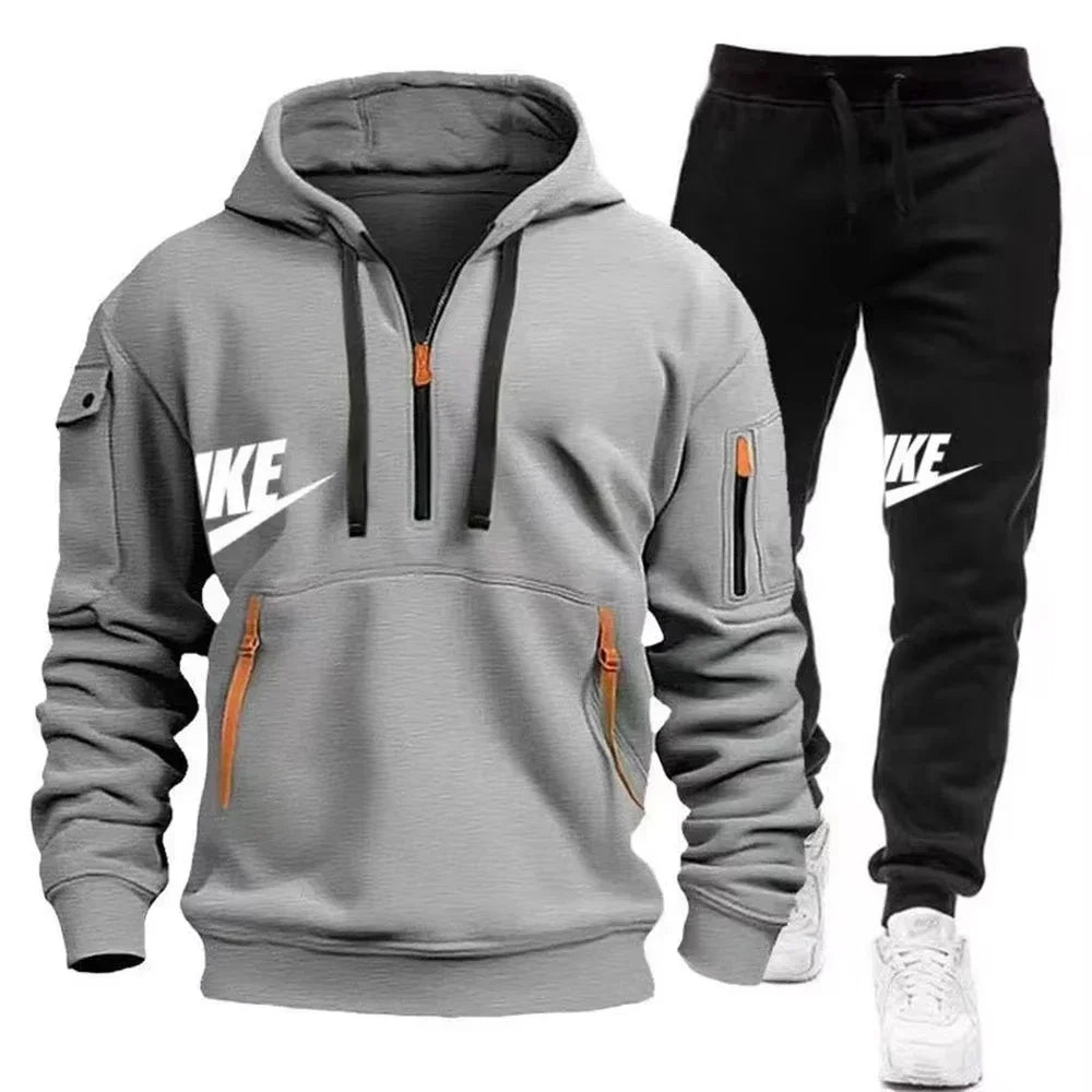 2025 New men's autumn and winter zipper hoodie + trousers casual sportswear.