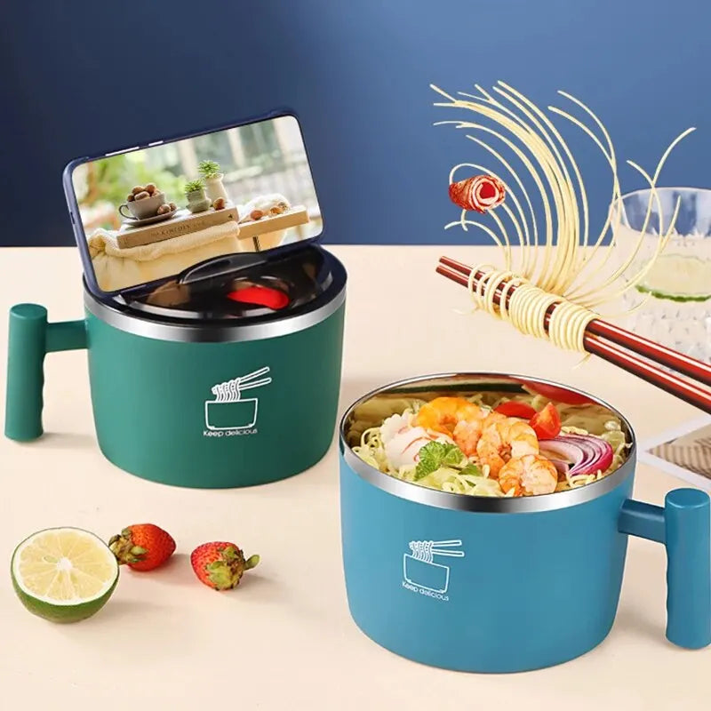 Stainless Steel Bowl With Lid For Instant Noodles, Sealed And Portable Drain Bowl For Kitchen.