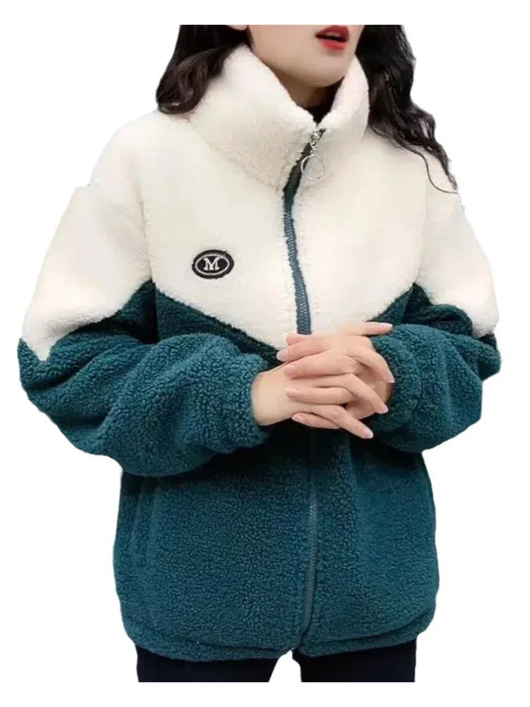 Women Jacket Thickened Lamb, Fleece Long Sleeve Mid Length Overcoat.