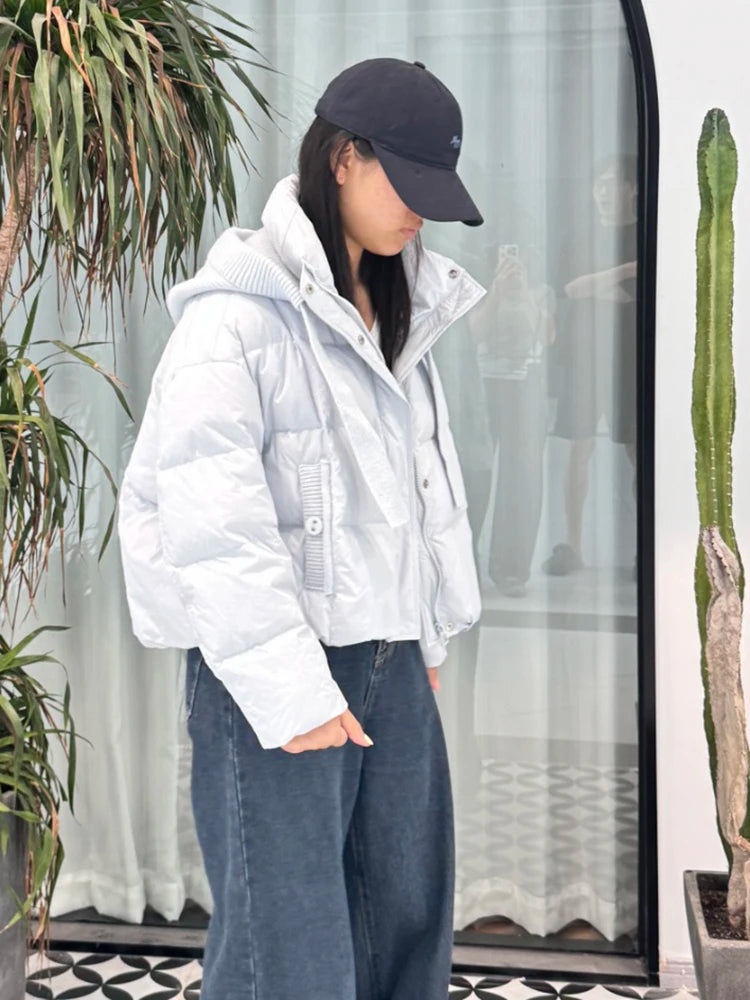 Winter Short Knitted Hooded Down Jacket   Female Zipper Puff Jackets