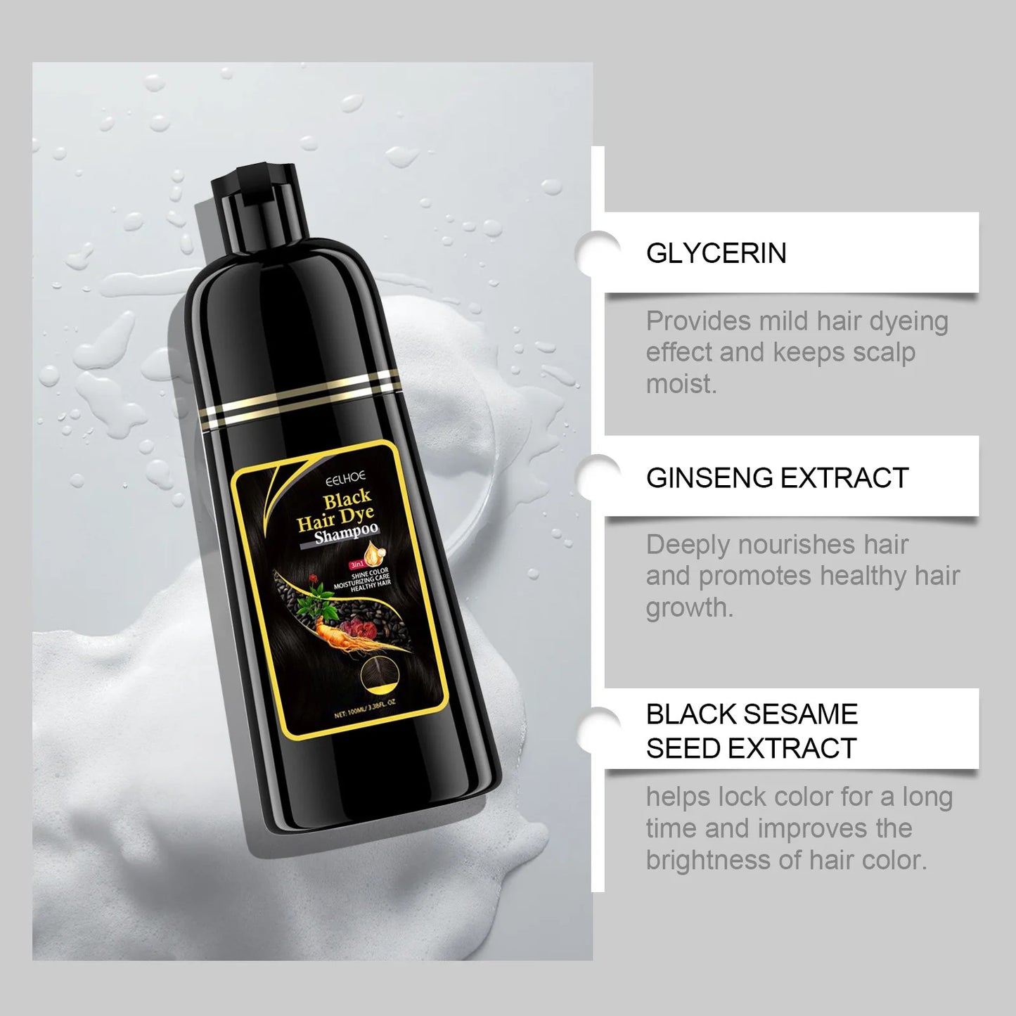 3 In 1 Instant Coloring Shampoo, Change Hair Color Gray Hair to Black, Natural Black Color for Men, Women Hair Dye.