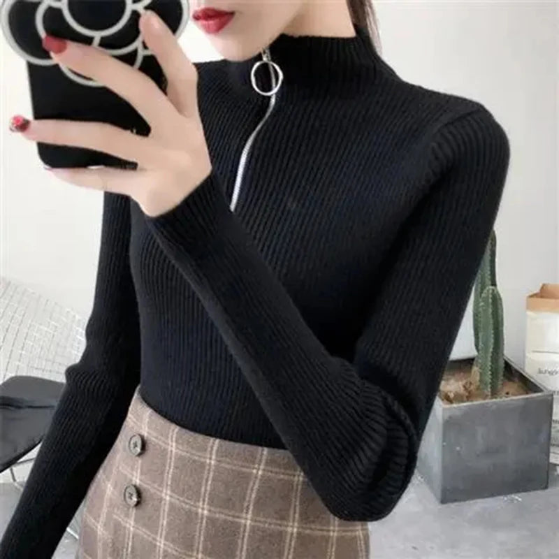 Knitted Women Zipper Half High Neck Sweater Solid Knitwear.