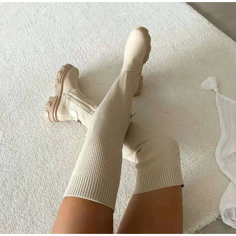 Women Thick Sole Boots, 2024 Autumn Winter Breathable Thigh High Shoes.