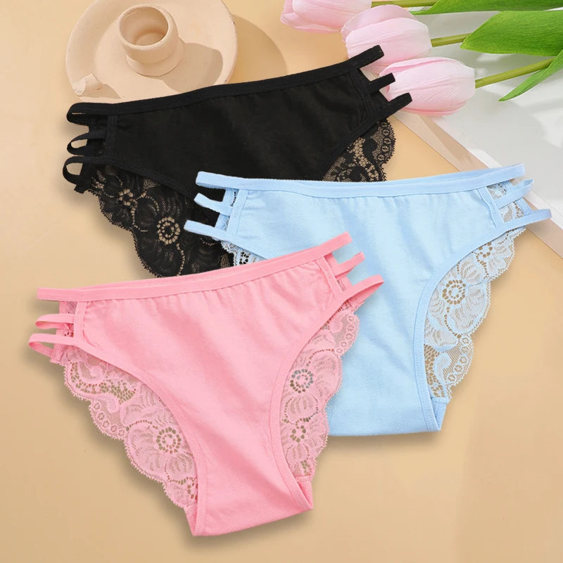 3PC/Set Women Sexy Floral Lace Panties, Low Rise Hollow Out Briefs, Transparent Female Elastic Straps Soft Lingerie.