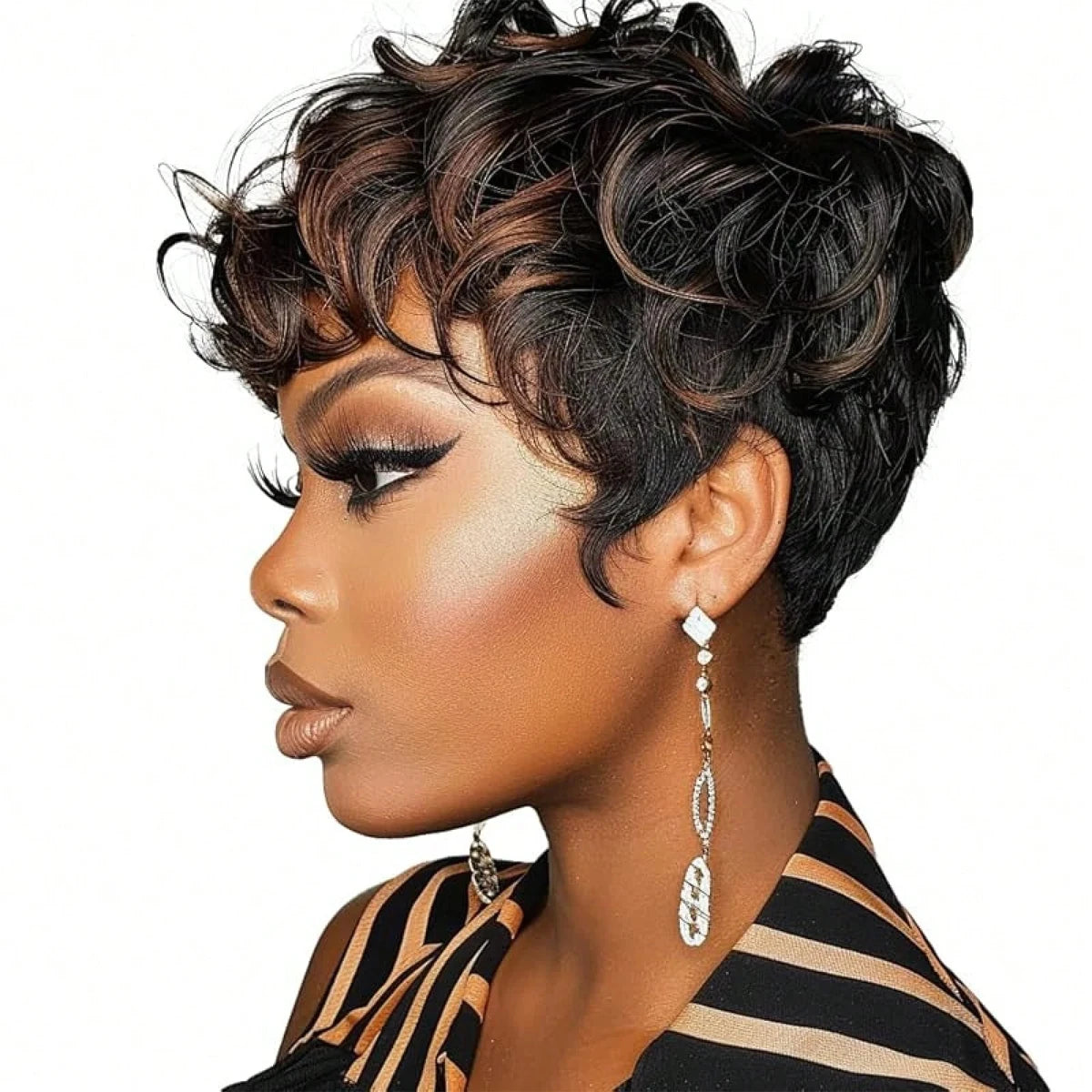Short Pixie Wigs Short Brown Black Curly Pixie Wigs Synthetic Hair Wigs.