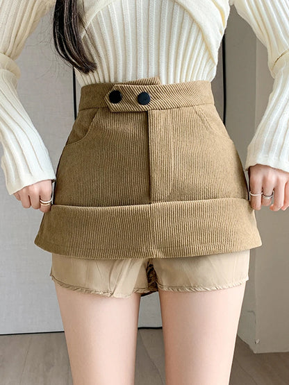 Woman Khaki High Waisted Casual Corduroy  Skirt