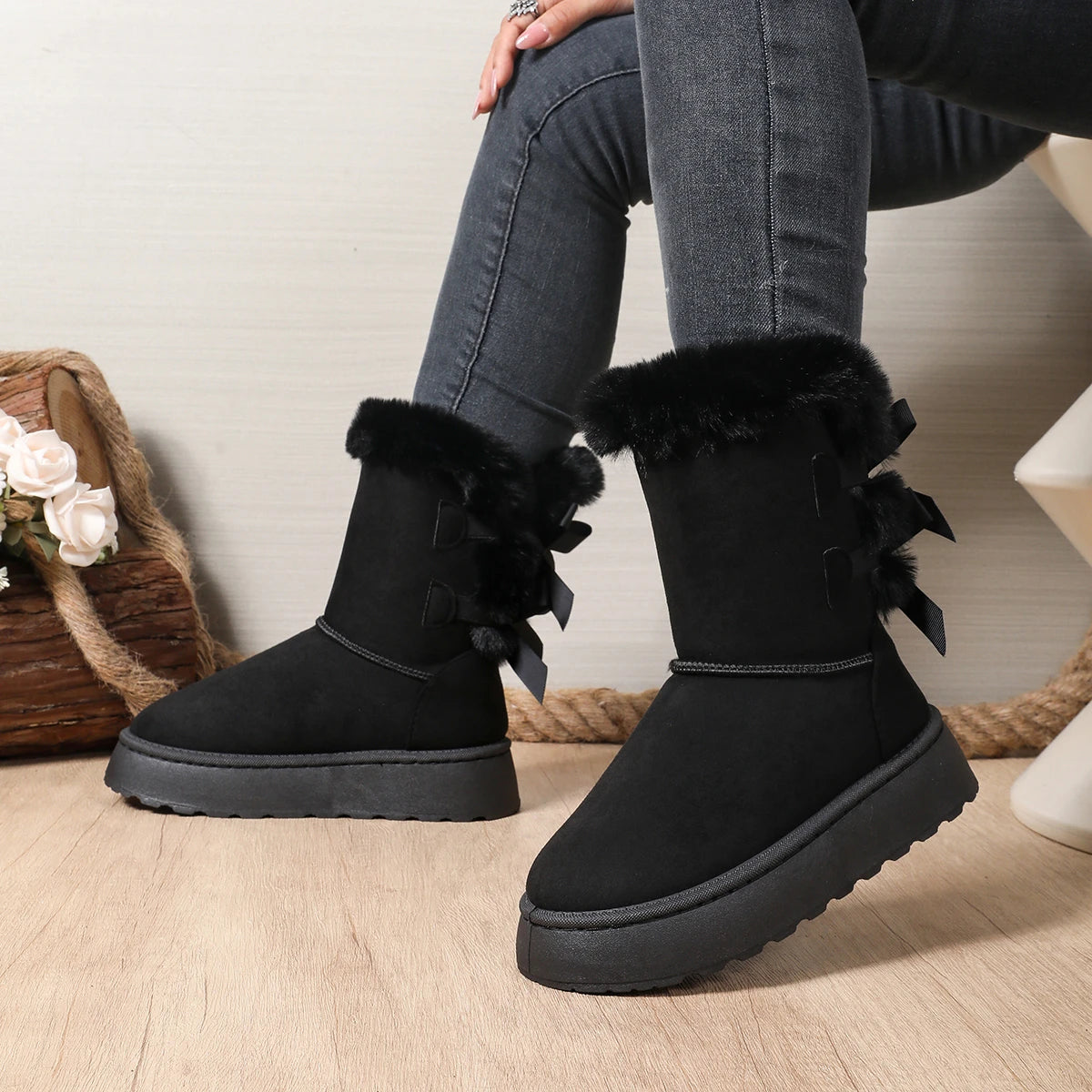 Bow Round Toe Elegant  Flat Wear-resistant Warm Women's Shoes