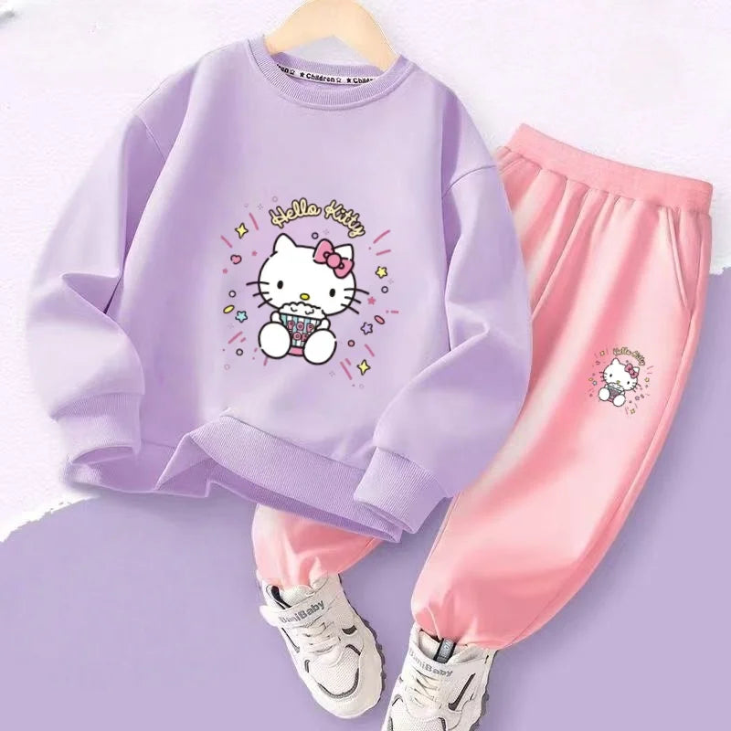Autumn Baby Girl Clothes Set, Children Senerio Hello Kitty Cartoon Print Sweatshirt and Pants.