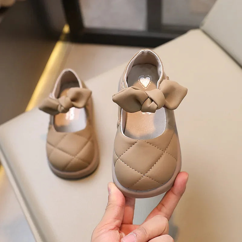 Children Leather Shoes for Girls  Shallow Bow Solid Color