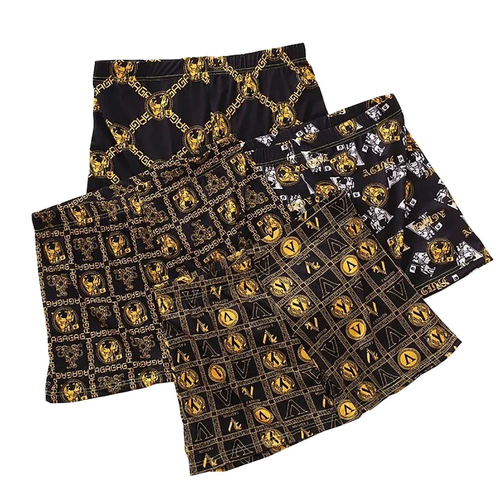 4pcs Luxury Men's Boxer, Golden Greek Letter Print, High Stretch Fabric Waistband.