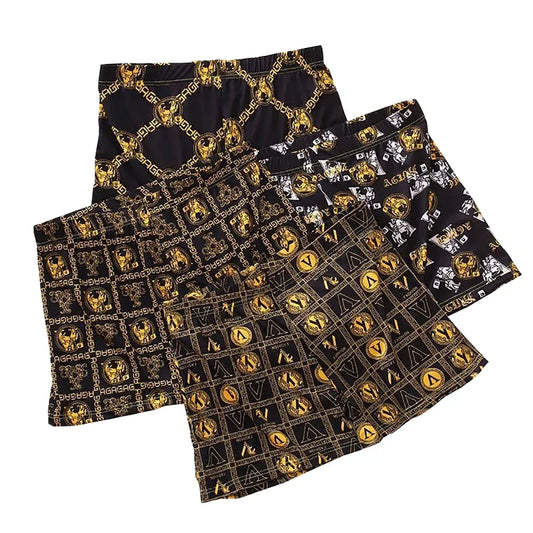 4pcs Luxury Men's Boxer, Golden Greek Letter Print, High Stretch Fabric Waistband.