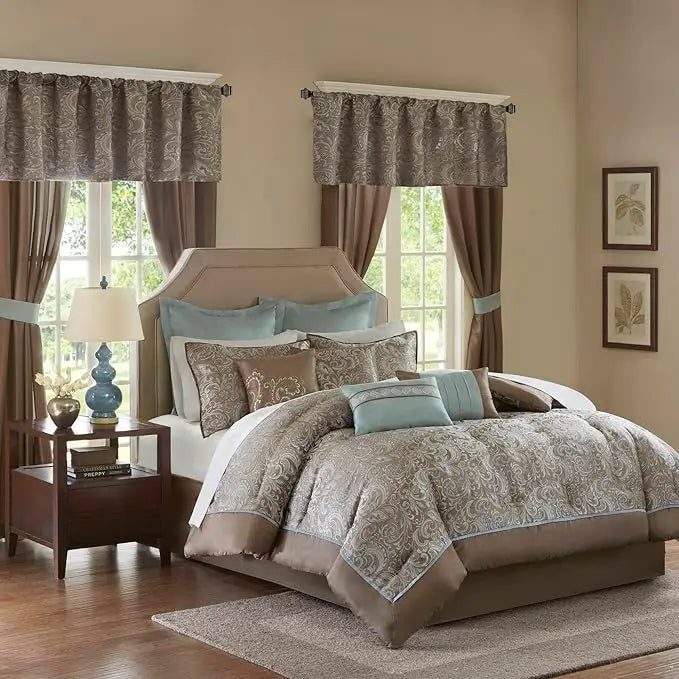 Bristol Collection 24-Piece Bedding Set, with Faux Silk Comforter and Paisley Jacquard Design Curtains.