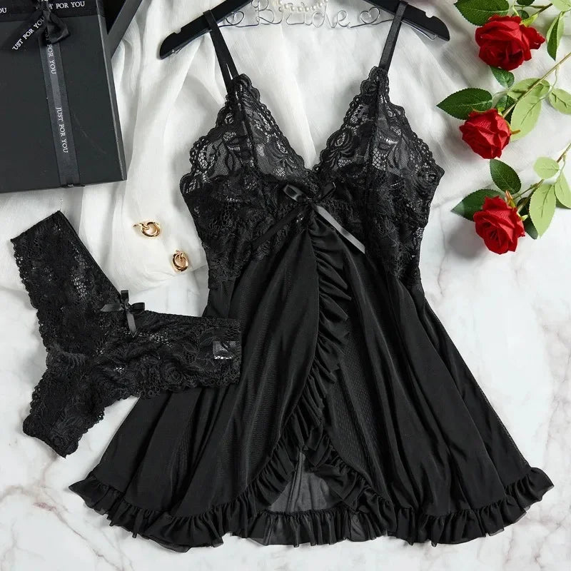 Sexy Lingerie Set, Women Erotic Bra Nightdress Sexy Sleepwear, V Neck Full Slip.