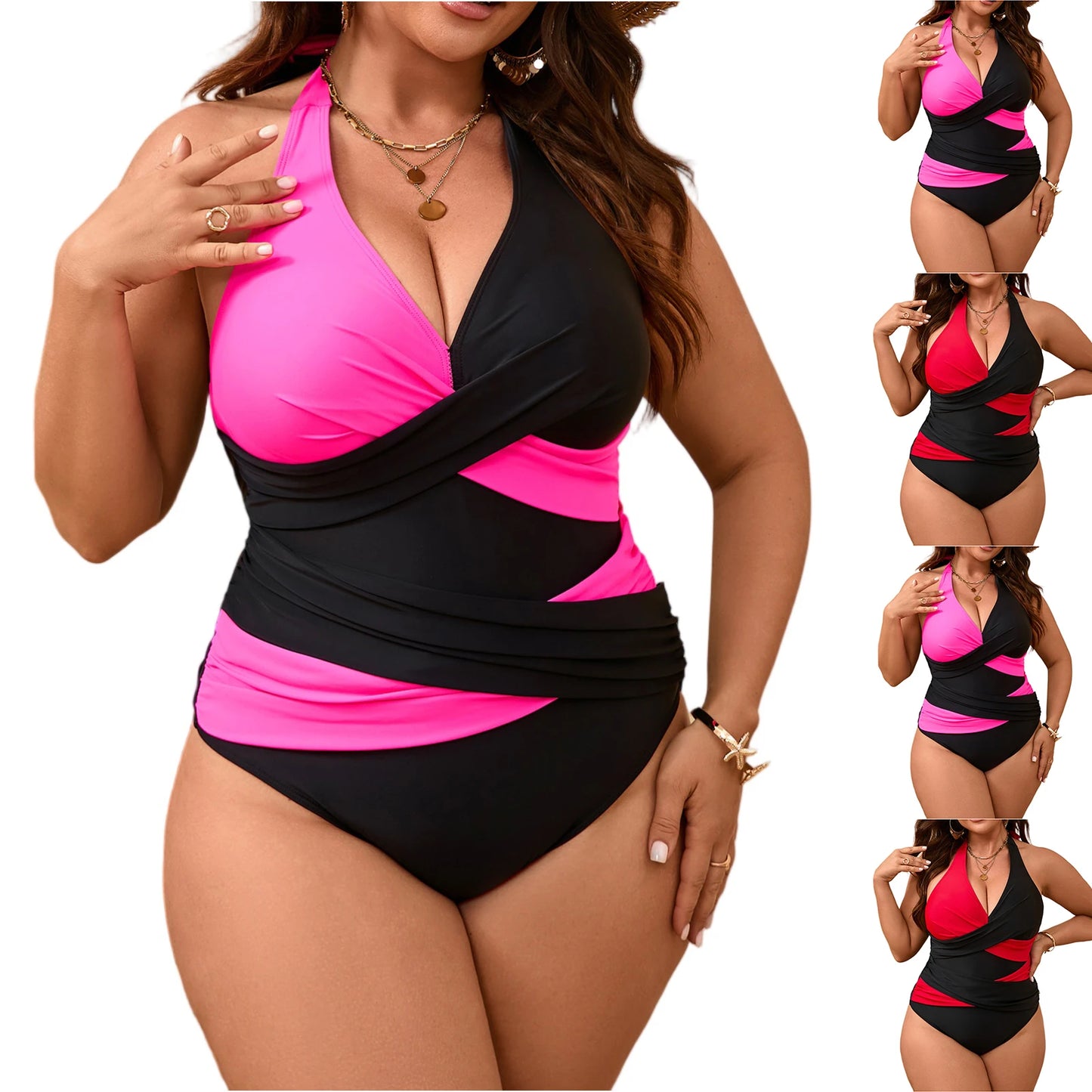 Plus Size One-Piece Women's Bikini Swimsuit, Stylish Color-blocked  Sexy , Deep V Neck Cross Tummy Control, One Piece Bikini.