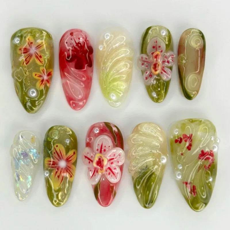 24Pcs Mid-length Almond Press on Fake Nails,3D Ripple Heart ,Pearl Star, Blue Smudge Detachable Full Cover Nails Tips.