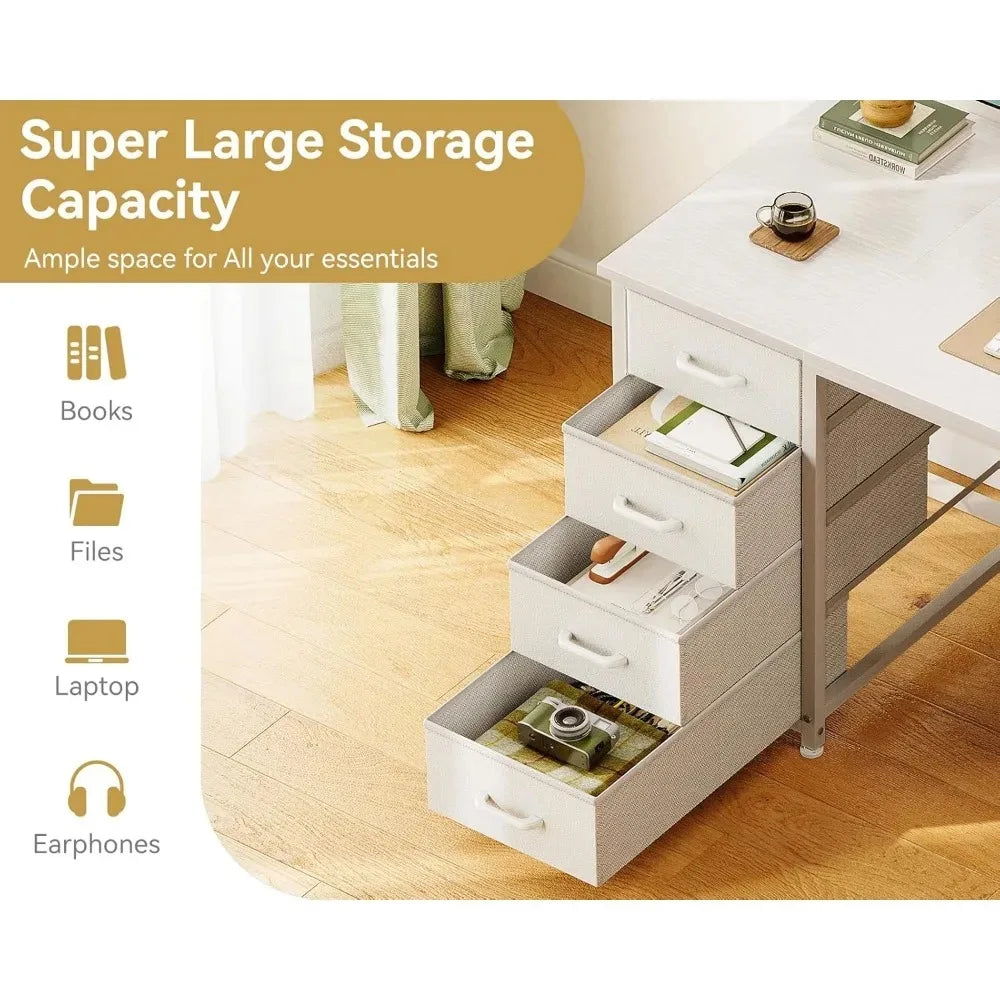 48-Inch White Computer Desk with 8 Fabric Drawers, Modern Office Desk for Home Office.