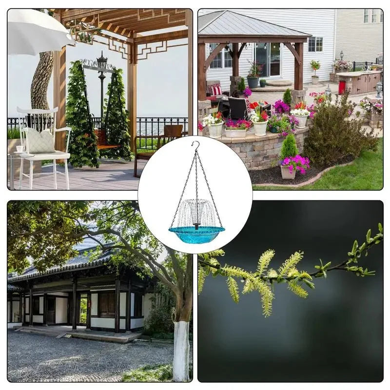 Hanging Bird Bath Fountain  Drinking Feeder Bowl, Spray Nozzles Fountain