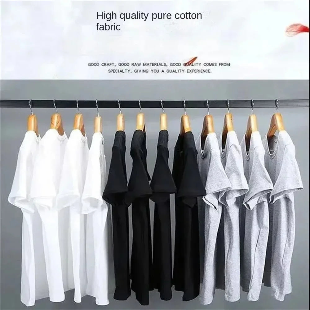 500/300g Heavy-duty White Pure Cotton T-shirt, Thickened Threaded Round Neck Short Sleeves.