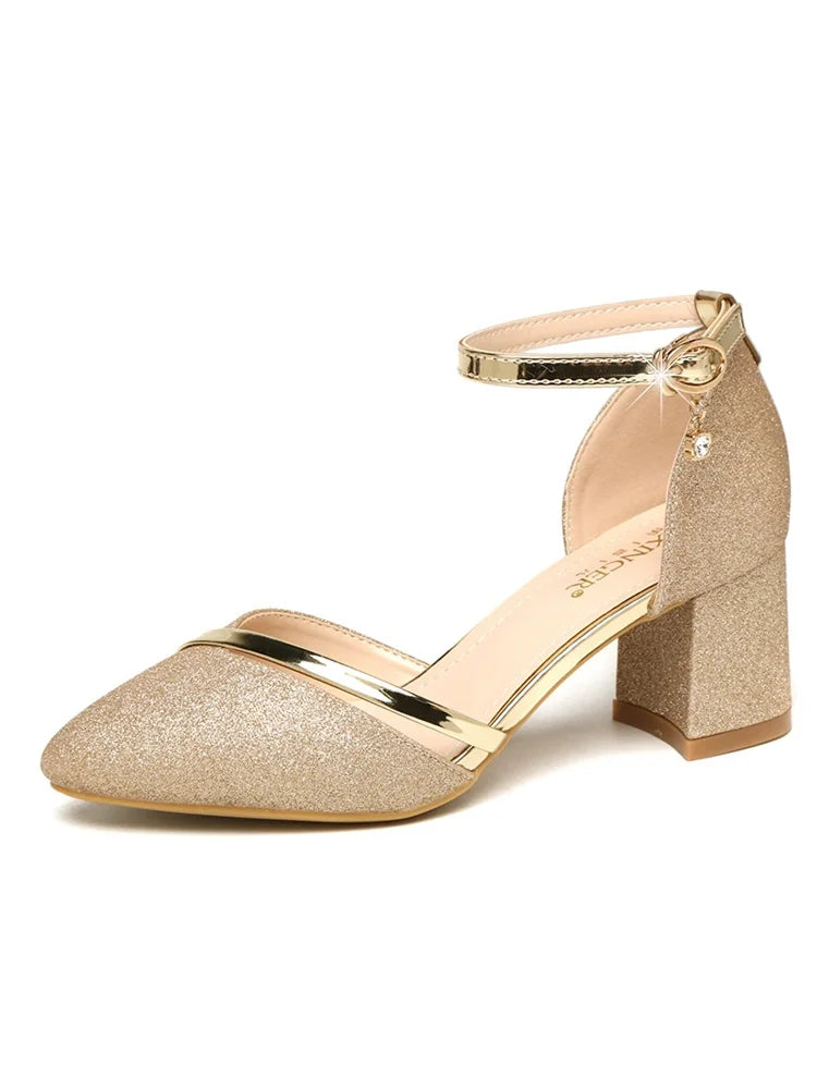 Women Classic Sexy Party Silver Square Heel Shoes.