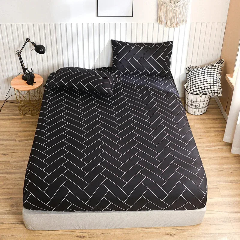 Twin Fitted Bed Sheet with Elastic Blue Flower Printed Bed Cover Single/Queen/King.