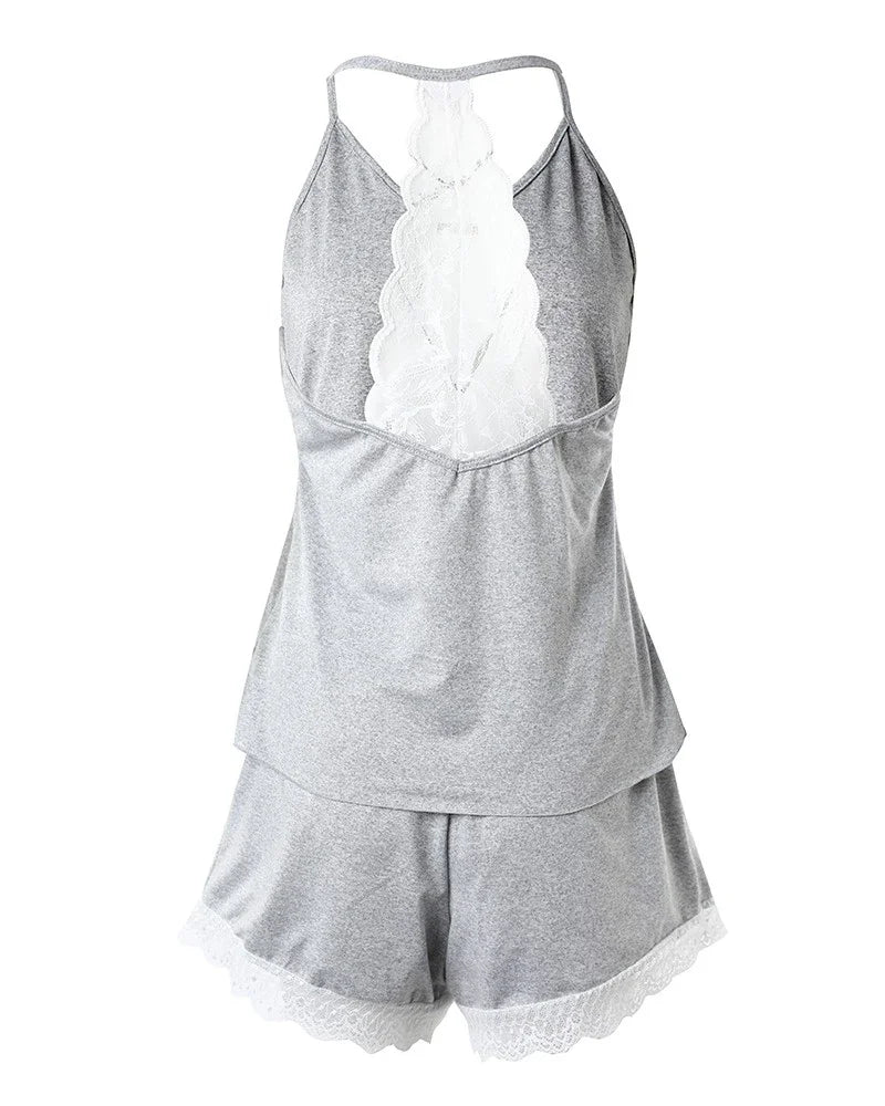 Women's Crochet Lace 2 Pieces Pajamas, Sleeveless V-Neck  Casual Sleepwear.