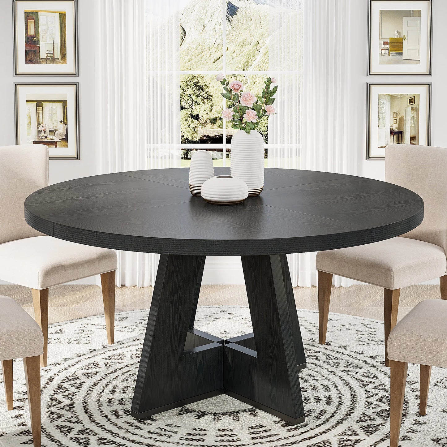 Round Dining Table for 4, 47 Inch Farmhouse Kitchen Table, for Dining Room.