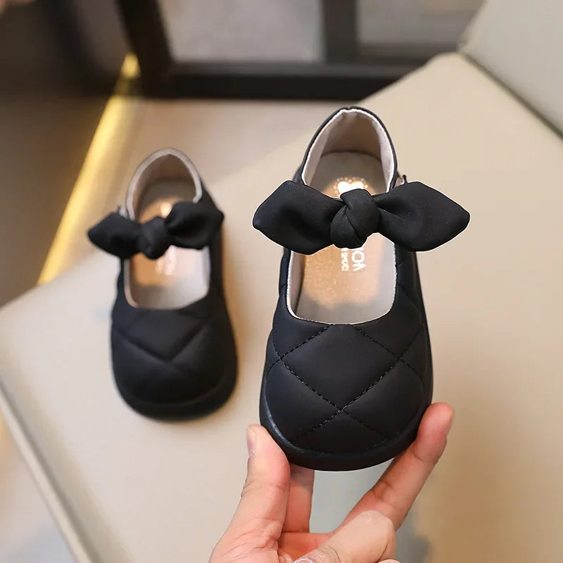 Children Leather Shoes for Girls  Shallow Bow Solid Color