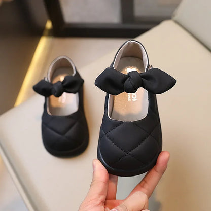 Children Leather Shoes for Girls  Shallow Bow Solid Color