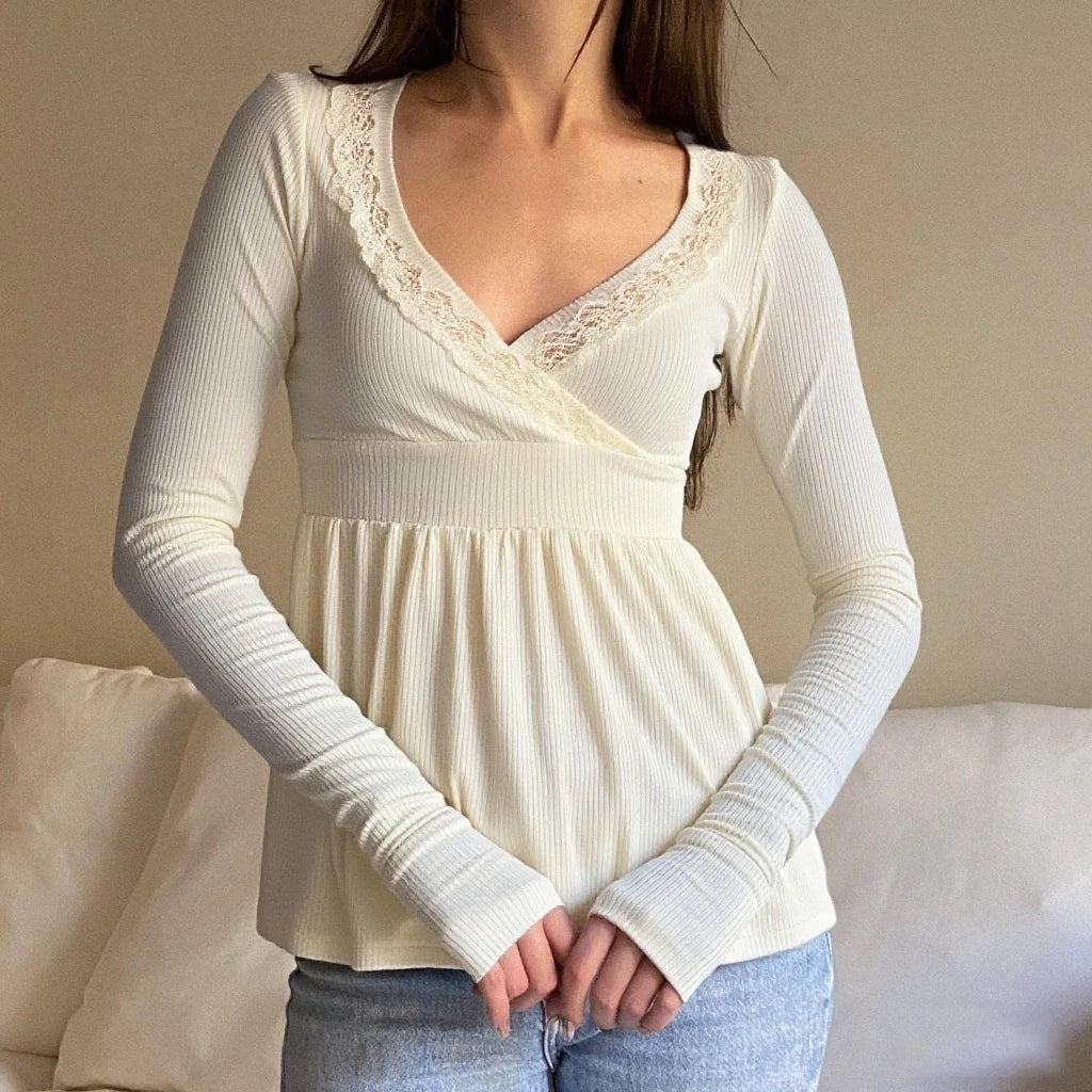 Lace Trimmed Wrap Blouse,  Club Street Style Hot Sale S M L