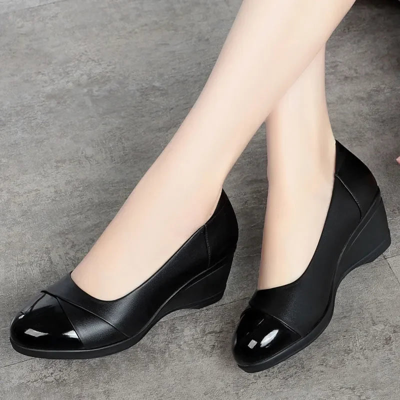 Women Classic Round Toe High Quality Spring Slip on Square Heel Shoes.