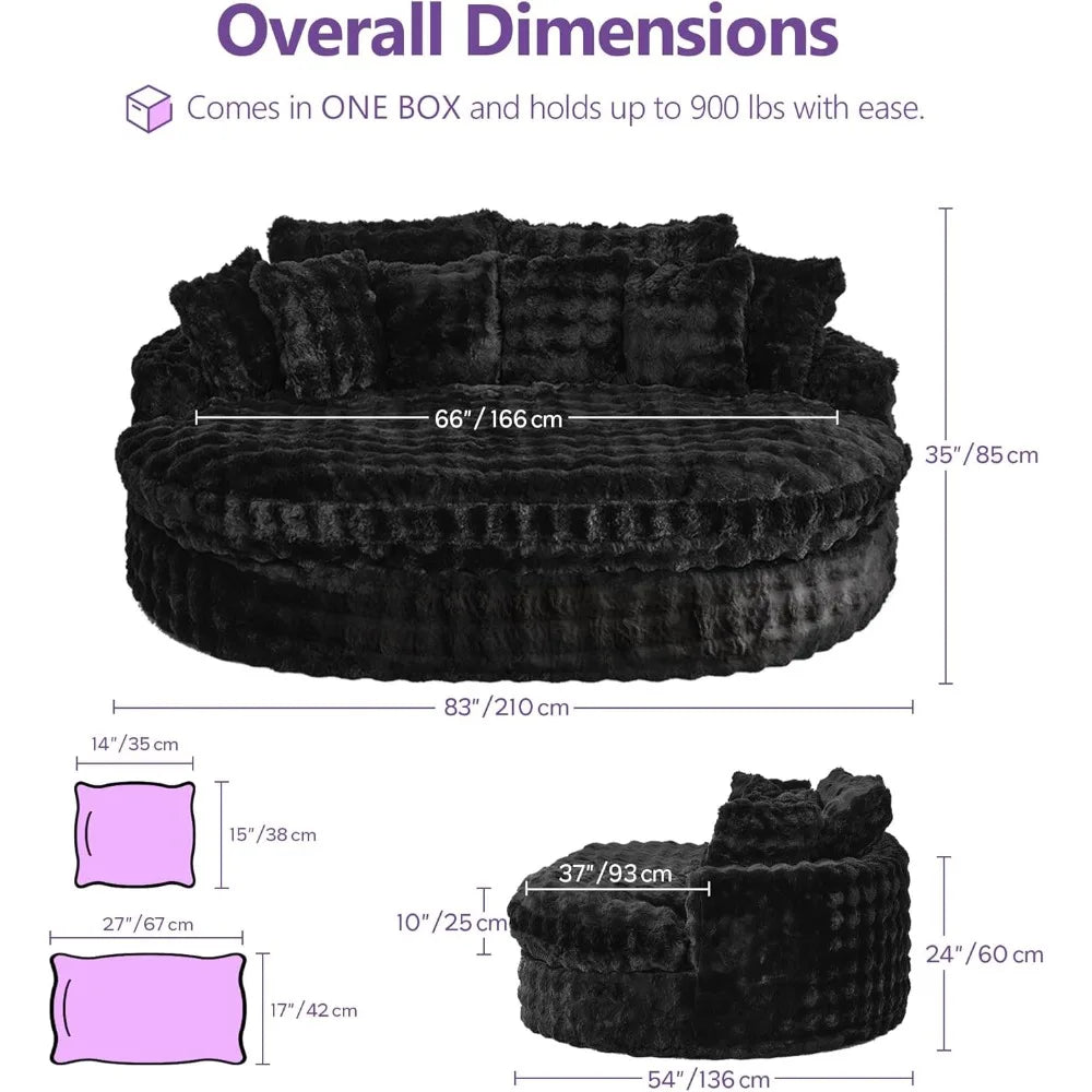 Oversized Round Chaise Lounge Chair Indoor, Deep Seat Memory Foam Couch, Plush Circle Bed for Livingroom (Black)