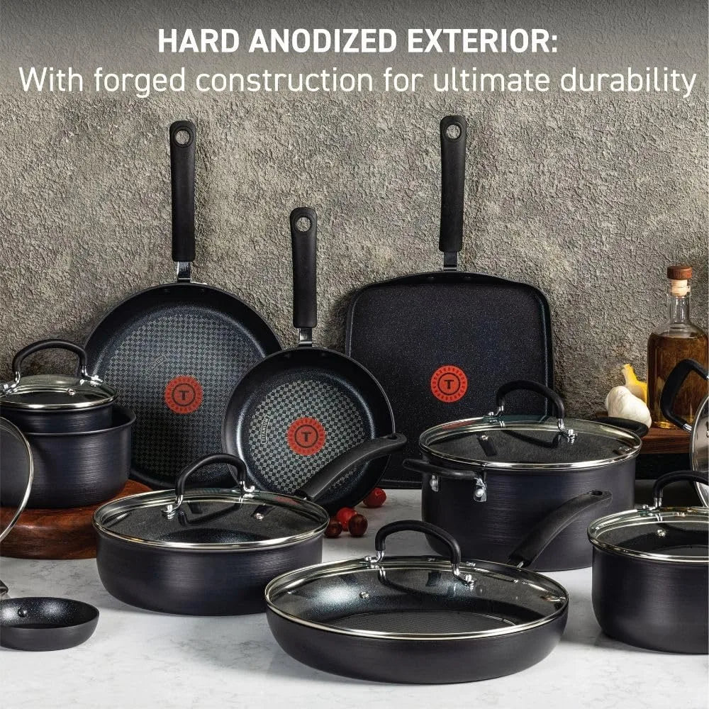 17-Piece Nonstick Cookware Set, Hard Anodized Pots and Pans with Thermo-Spot, Dishwasher Safe, Oven Safe Up to 400°F.