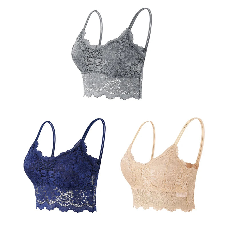 3PCS Women's Lace Top Comfortable Bralette, Solid Color Underwear Vest.