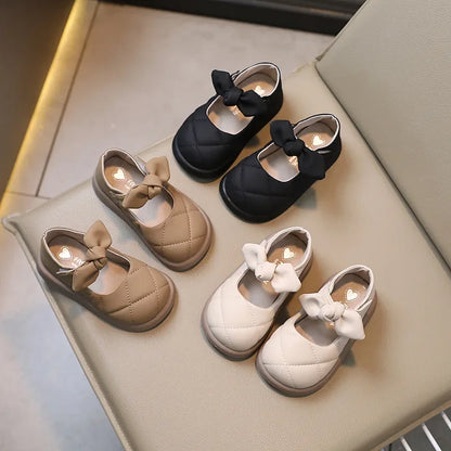 Children Leather Shoes for Girls  Shallow Bow Solid Color