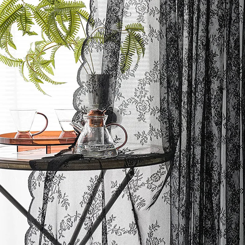 Black floral lace curtains with retro style for living rooms, bedrooms, and party decorations.