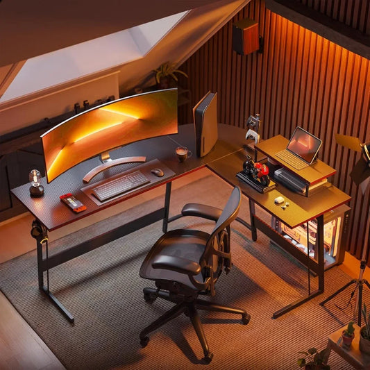 Bureau de jeu en L, surface en fibre de carbone, support d'écran intégré, pour bureau à domicile.