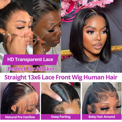 No Glue Brazilian HD Transparent 13x4 Bone Straight Short Bob.  13x6 Straight Lace Front