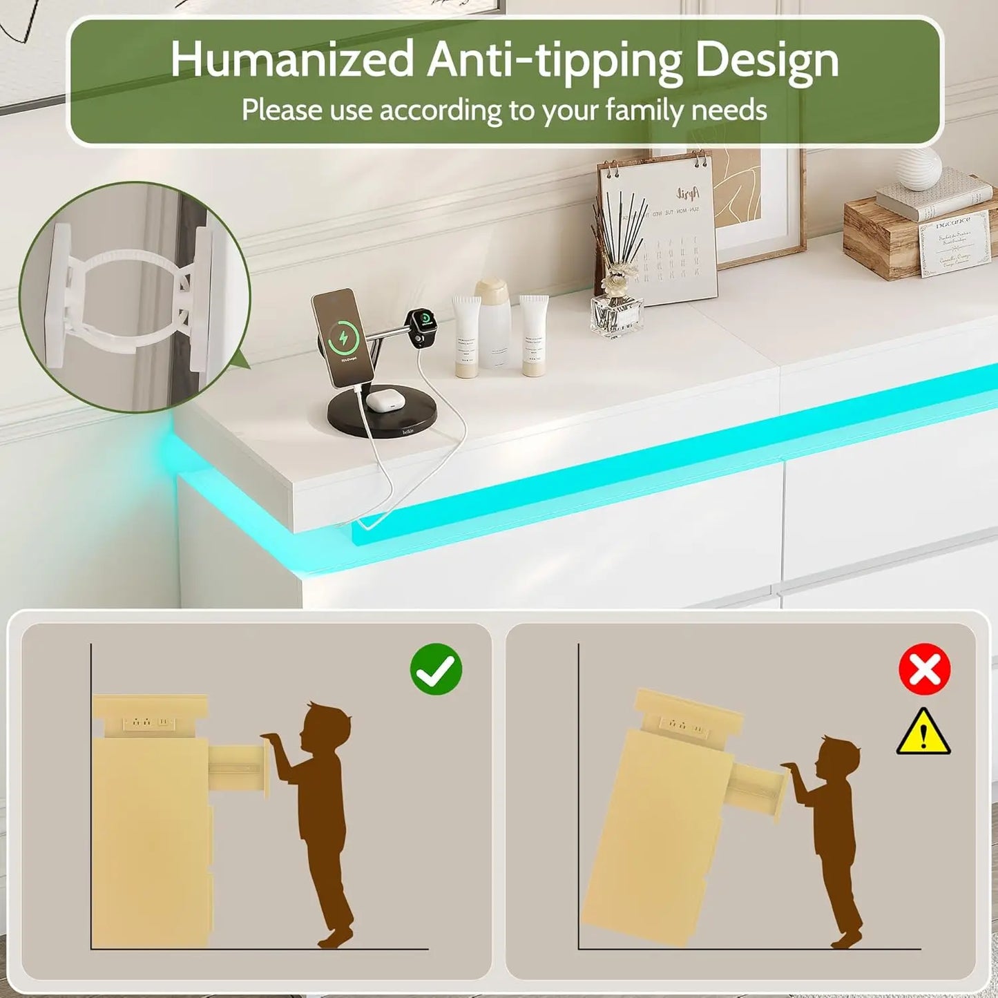 Modern 6-Drawer Dresser, White Storage Cabinet with LED Lights.