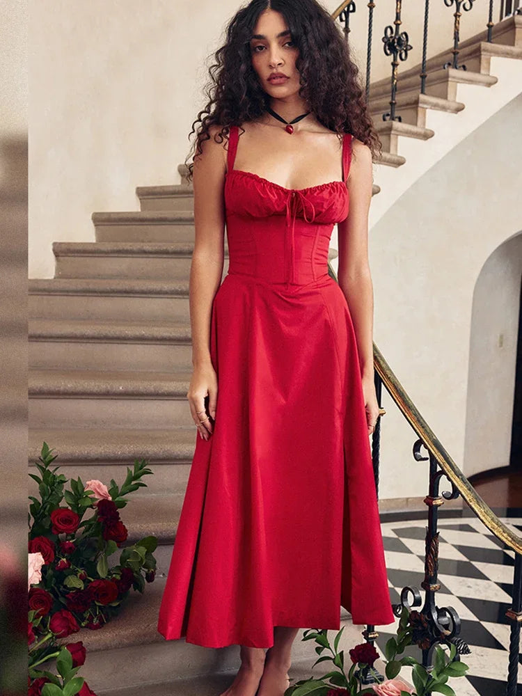 Elegant A Line Midi Dress, Sexy Spaghetti Strap Lace Up Red  Party Dresses.