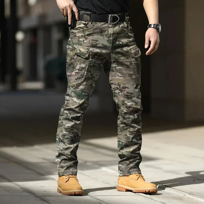 Men Waterproof Cargo Pants, Elastic Multiple Pocket Military Trousers.